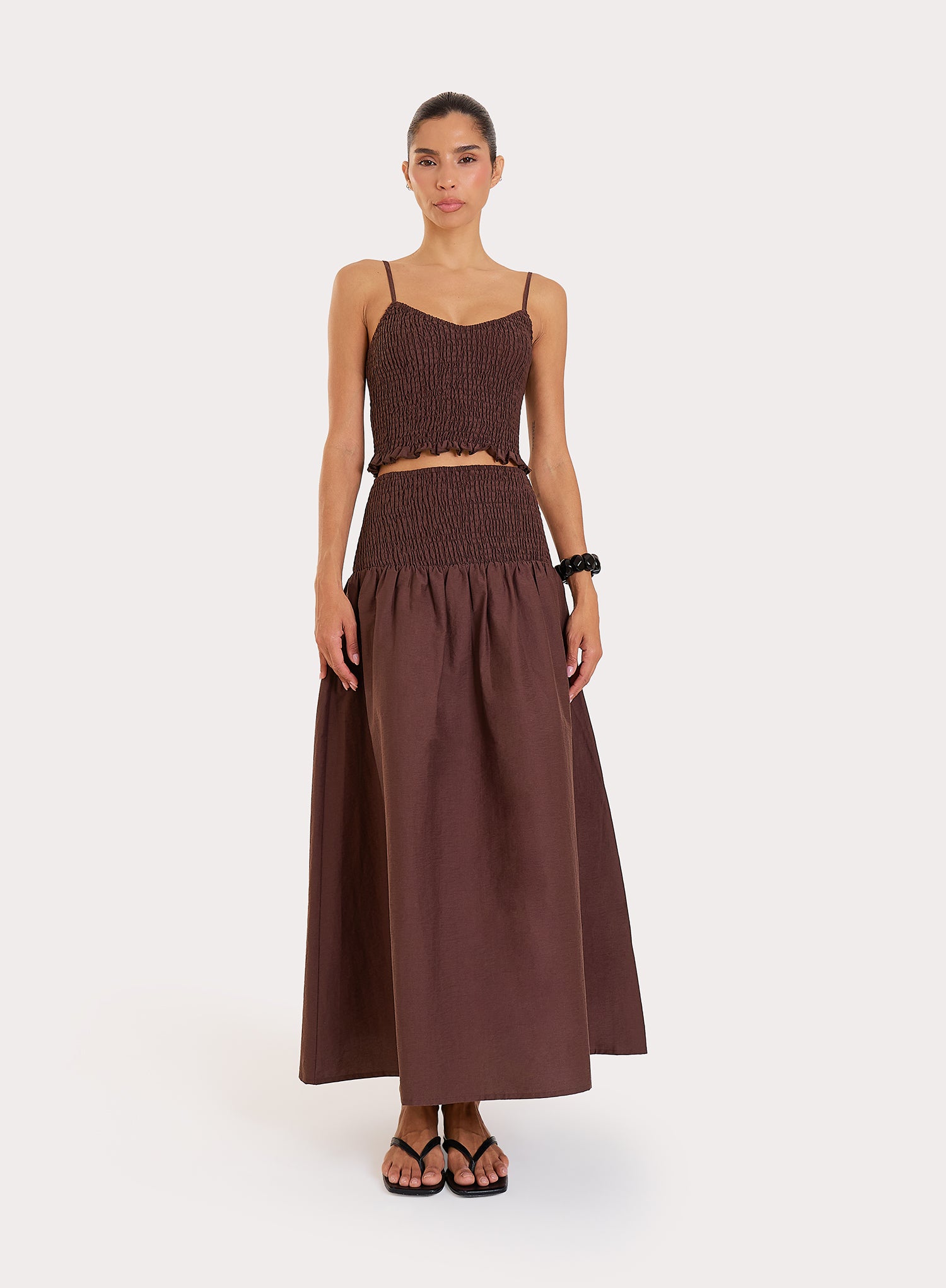Chocolate Shirred Drop Waist Maxi Skirt